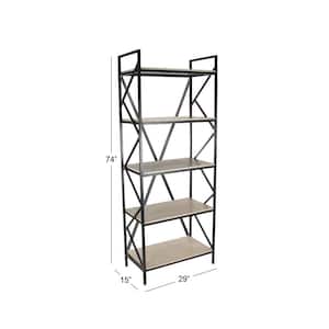 74 in. 5 Shelves Wood Stationary Brown Shelving Unit with Black Metal Frame