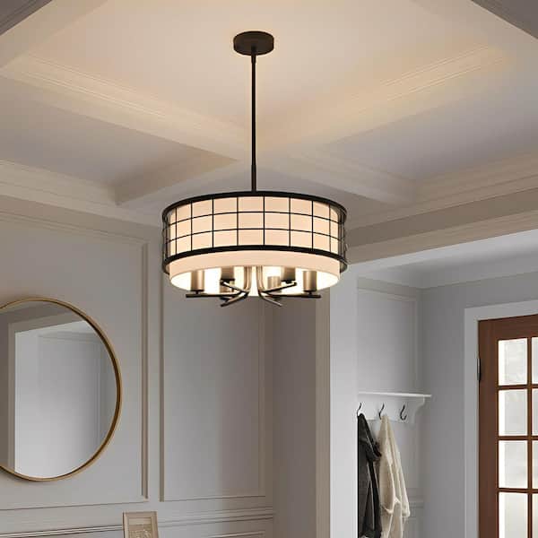 20 in. 6-Light Black Farmhouse Chandelier, Adjustable Pendant Light with Linen Shade for Dining Room Kitchen Island