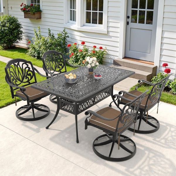 Willit Elizabeth 5-Piece Cast Aluminum Patio Outdoor Dining Set with Rectangle Dining Table,4 Swivel Chairs and 4 Brown Cushion