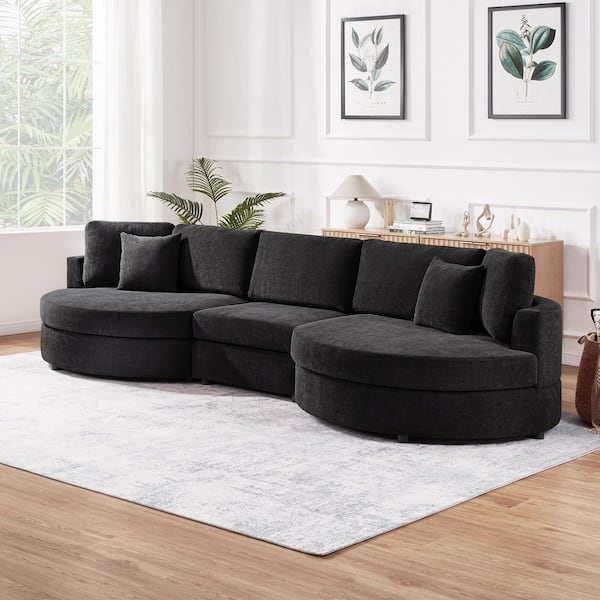 Finsley Modern 129.1 in. Chenille Upholstered Sectional Sofa Couch in. Black with Cushion Back, Curved Armrest