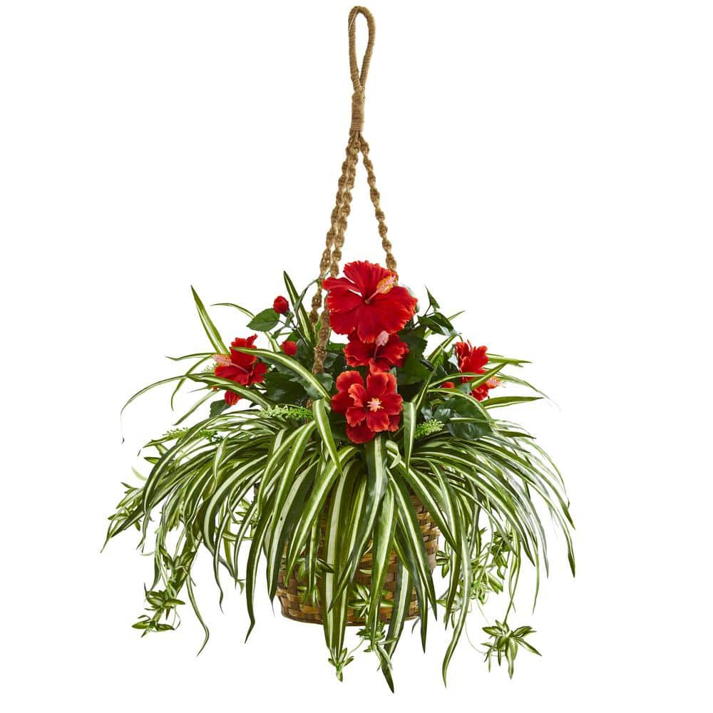 Nearly Natural Indoor Hibiscus and Spider Artificial Plant in Hanging Basket