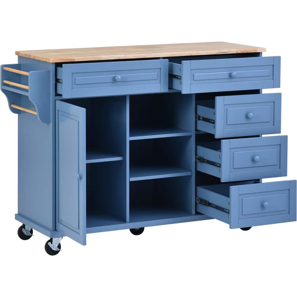 Blue Wood 53" Rolling Kitchen Cart with Spice Rack and Storage