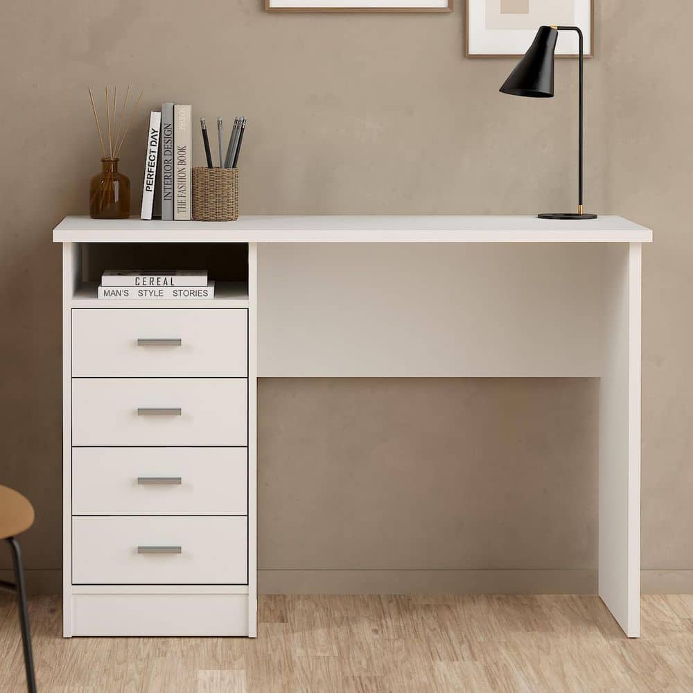 White Adjustable Height Wood Desk with 4 Drawers