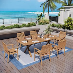 Brown 7-Piece Outdoor Dining Set with Acacia Wood Extendable Table and Acacia wooden Chairs