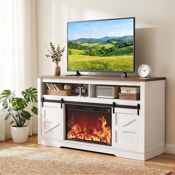 White/Walnut/Gray TV Stand Entertainment Center Fits TVs up to 65 in. with Electric Fireplace and Storage