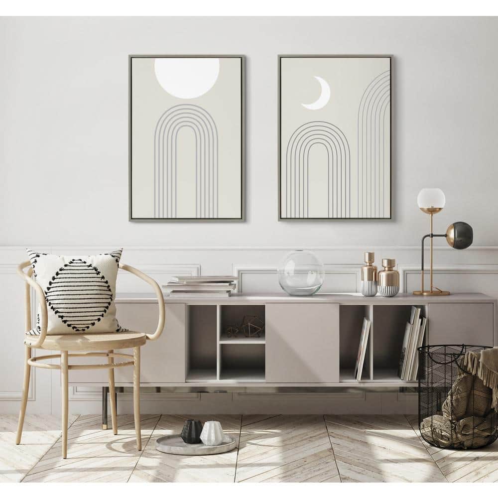 Gray and White Abstract Crescent Moon Landscape Canvas Art