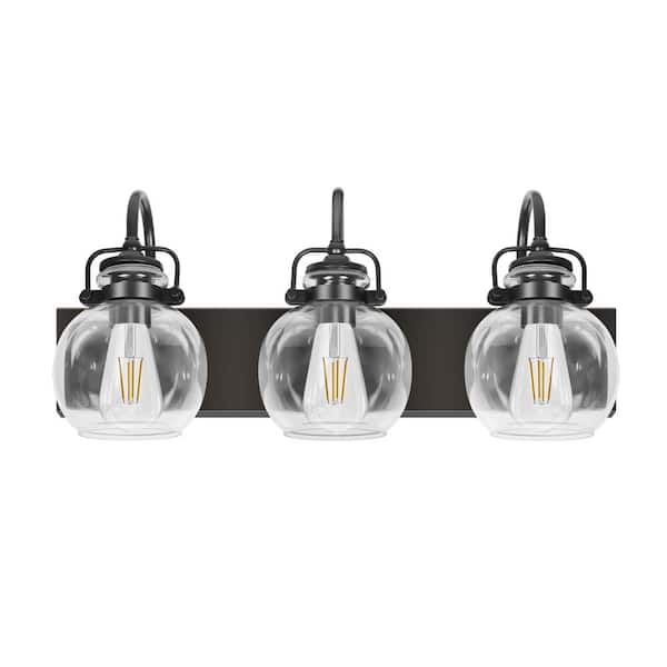 BICIK 24 in. 3-Light Classic Black Bathroom Vanity Light with Clear Glass Shades
