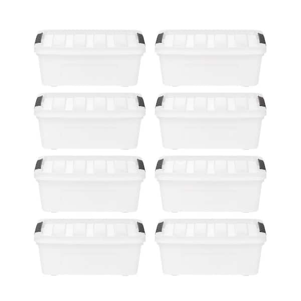 IRIS 13 Qt. Stack and Pull Storage Tote, with Black Latching Clips in white, (8 Pack)