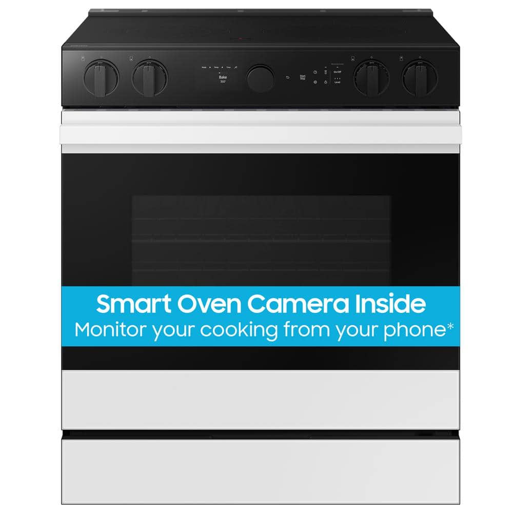 Samsung Bespoke 30 in. 6.3 cu.ft. 5 Burner Element Smart Slide-In Electric Range w/ Smart Oven Camera in White Glass