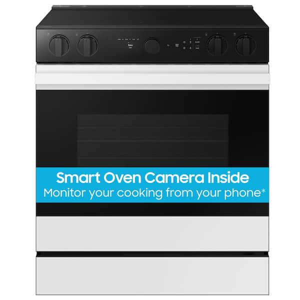 Samsung Bespoke 30 in. 6.3 cu.ft. 5 Burner Element Smart Slide-In Electric Range w/ Smart Oven Camera in White Glass
