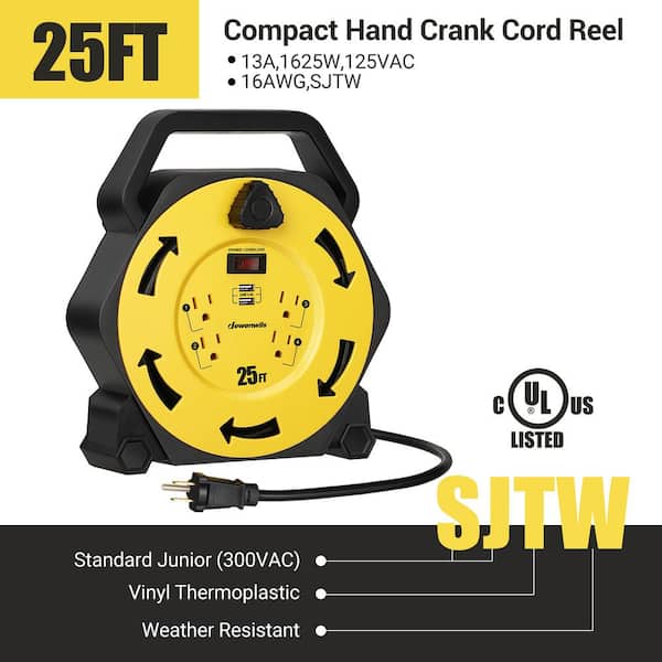Retractable Extension Cord Reel 75 Ft. W/ 4 Outlets Heavy Duty