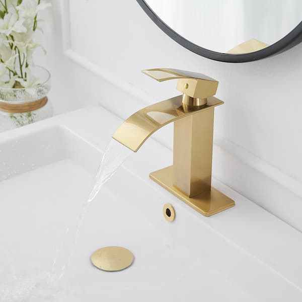 Waterfall Single Handle Single Hole Modern Bathroom Faucet with Metal Drain Drip-Free Vanity Sink Faucet in Brushed Gold