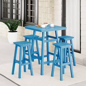 Laguna 5-Piece Fade Resistant HDPE Plastic Outdoor Patio Square Bar Height Pub Set, Matching Barstools in Pacific Blue