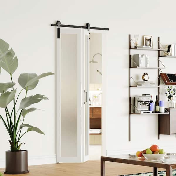 30 in. x 84 in. (15 in. W x 2) White, Tempered Frosted Glass, MDF, Bi-Fold, Full Lite Sliding Barn Door w/ Hardware Kit