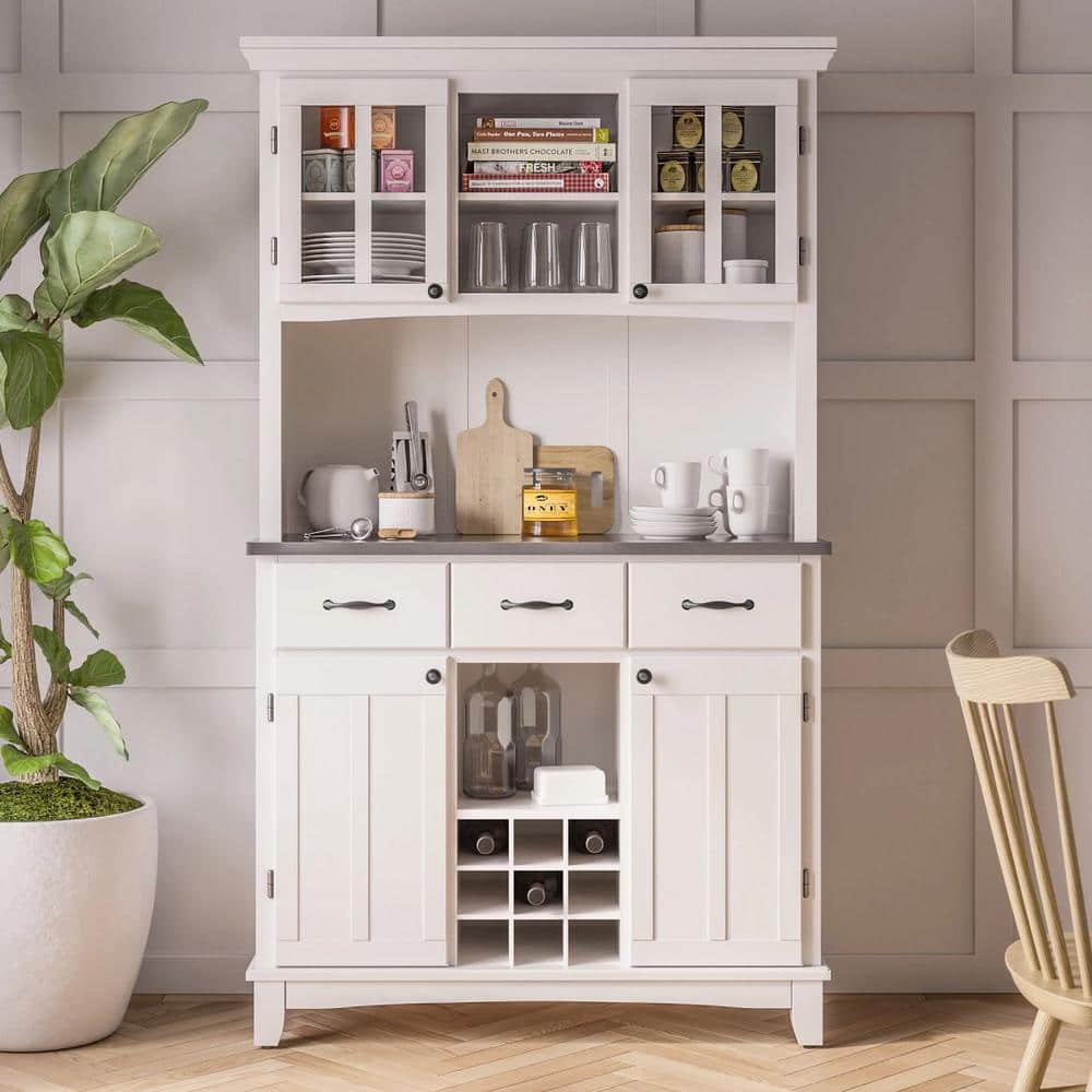 White Wood Buffet with Stainless Steel Top and Hutch
