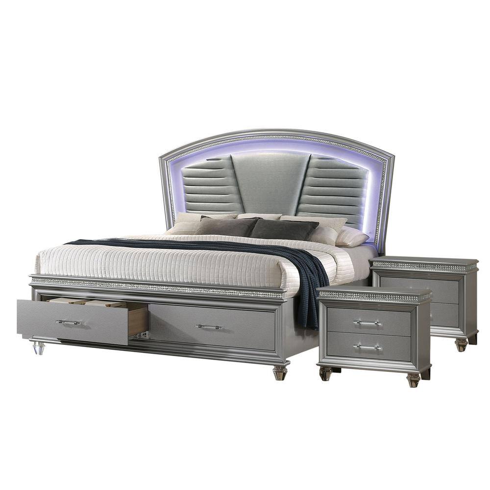 Furniture of America Litzler 3Piece LED Headboard Silver Wood King