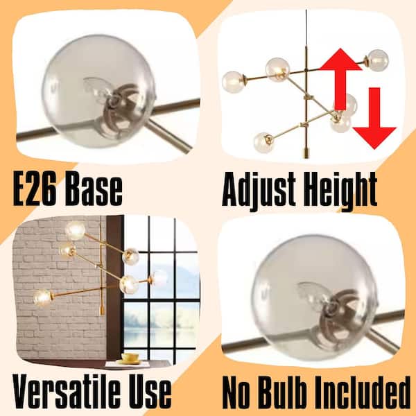 Modern 6-Light Gold Finish Architectural Metal Globe Round Chandelier for Living Room with No Bulb Included