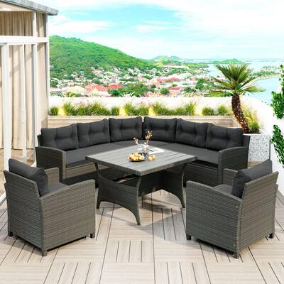 6-Piece Gray Wicker Outdoor Sectional Dining Set with Gray Cushions