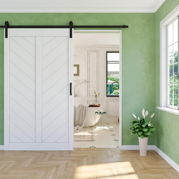 EH PUERTA 48 in. W. x 84 in. Solid Core Finished White MDF Herringbone Design Barn Door Slab with Hardware
