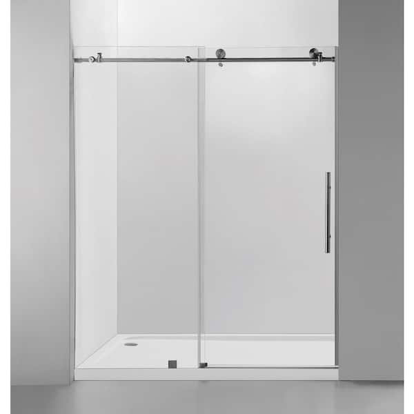 Vanity Art 60 in. W x 76 in. H Frameless Soft Close Sliding Shower Door in Brushed Nickel with Explosion-Proof Clear Glass