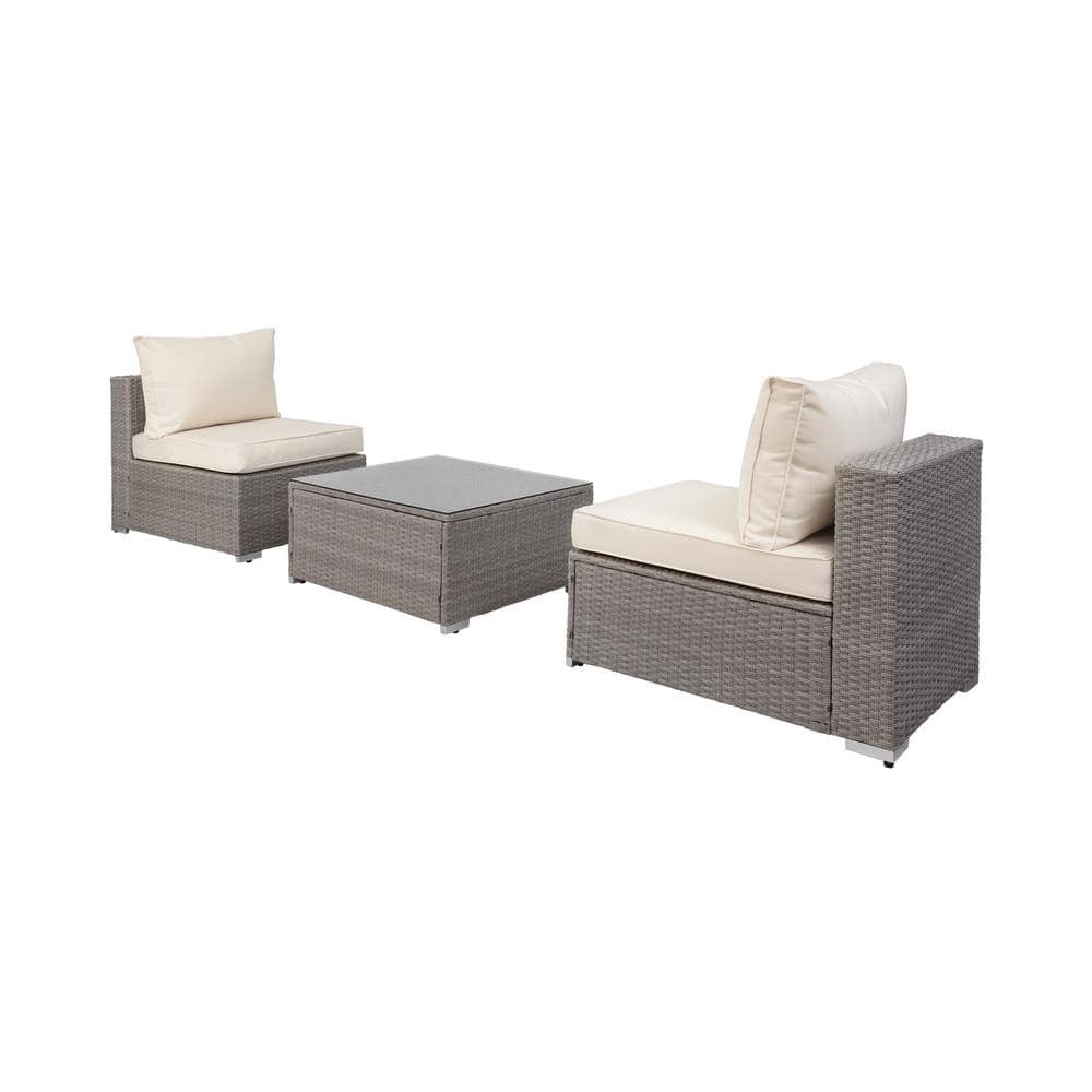 Gray Rattan 3-Piece Outdoor Sofa Set with Ivory Cushions
