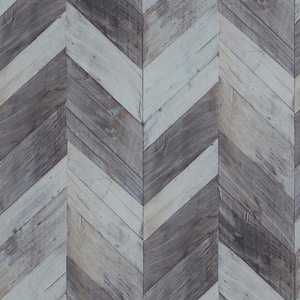 Wood Weathered Herringbone Blue Grey and Brown Wallpaper