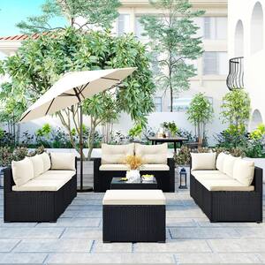 Black 9-Piece Wicker Patio Conversation Set, Outdoor Rattan Sectional Sofa Set with Table, Ottoman, Beige Cushion