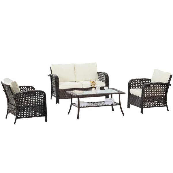FORCLOVER Brown 4-Piece Rattan Patio Conversation Set with Beige Cushions