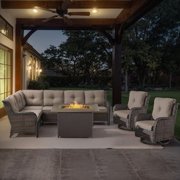Brown 4-Piece Wicker Patio Fire Pit Set, Outdoor Sectional Seating Set with Olefin Gray Cushions and Swivel Rockers