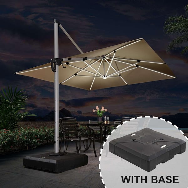 11 ft. Square Aluminum Solar Powered LED Patio Cantilever Offset Umbrella with Stand, Beige