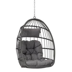 28.5 in. W 1-Person Gray Wicker Porch Swing with Light Gray Cushions and Foldable Function, Egg Swing Chair