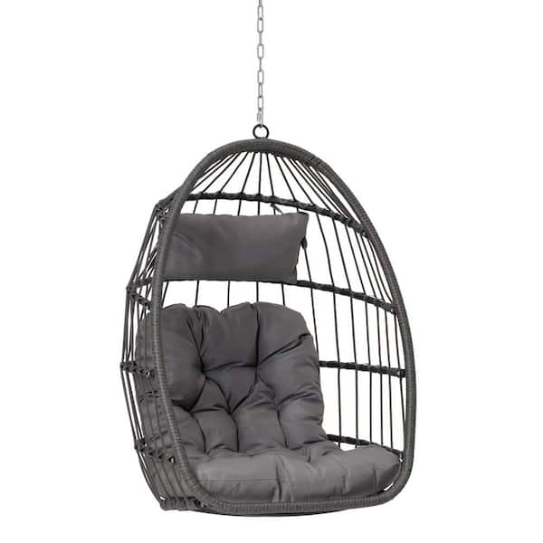 PARASOLAR 28.5 in. W 1-Person Gray Wicker Porch Swing with Light Gray Cushions and Foldable Function, Egg Swing Chair