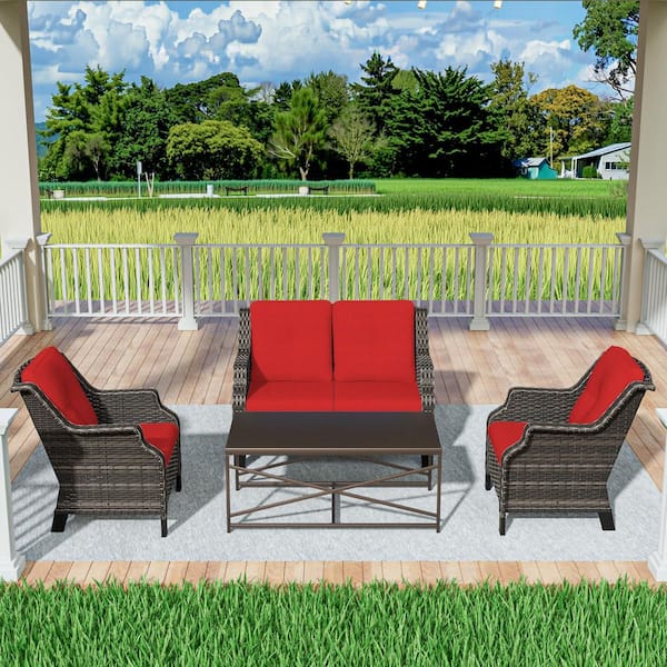 4-Pieces Wicker Outdoor Patio Furniture Sets Rattan Chair Wicker Set with Red Cushion