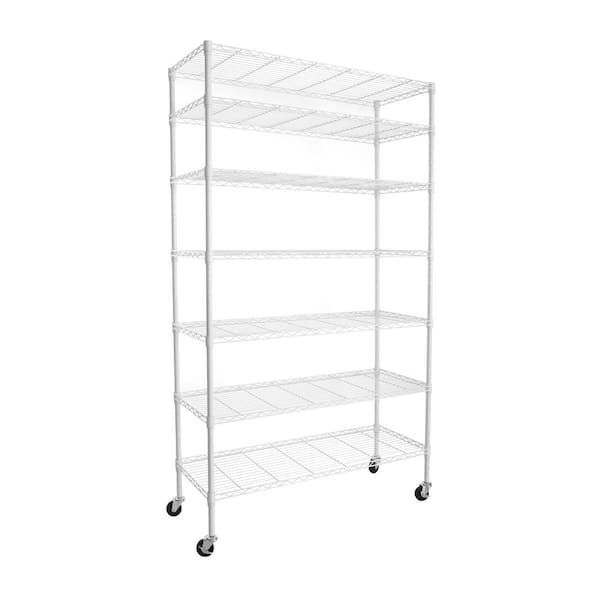 GQB 2450 lbs. 48 in. x 18 in. x 79 in. White 7-Tier Garage Storage Racks with Wheels, Metal Shelving, Height Adjustable