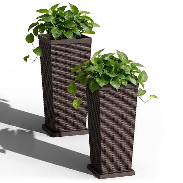 Tozey Rattan Texture Brown Outdoor Resin Tapered Planter Set with