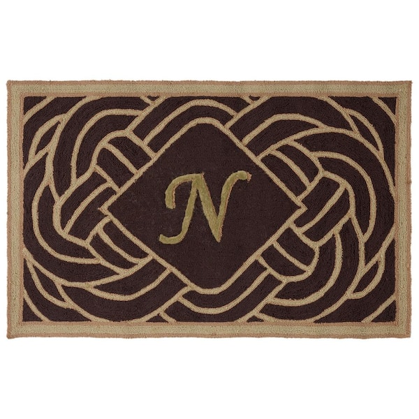 Monogram Chocolate 3 ft. x 4 ft. "N" Ornate Swirl Indoor/Outdoor Area Rug