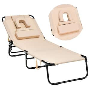 Beach Outdoor Lounge Chair Adjustable Face Down Tanning Chair w/Face Hole & Removable Pillow Beige