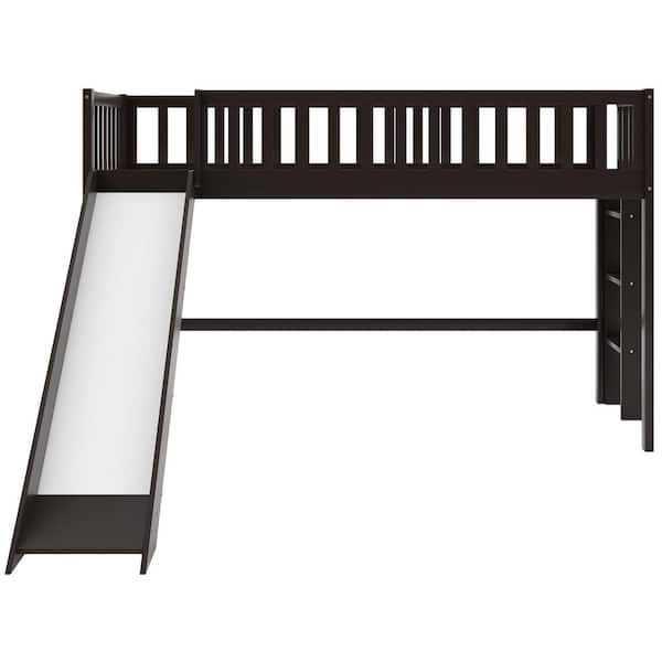 STICKON Espresso Brown Twin Size Low Loft Bed with Ladder and Slide