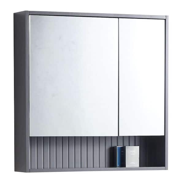 FINE FIXTURES Venezian 28 in. W x 29.5 in. H Small Rectangular Rock Gray Wooden Surface Mount Medicine Cabinet with Mirror