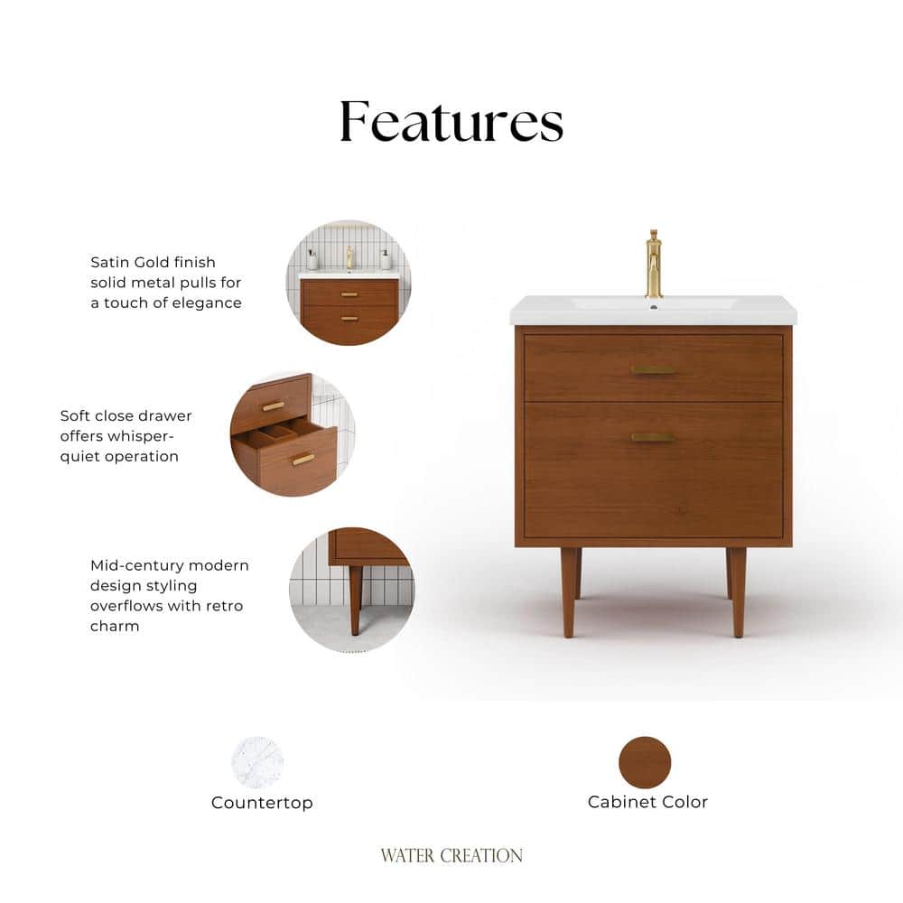 Honey Walnut 30" Freestanding Vanity with Integrated Ceramic Sink