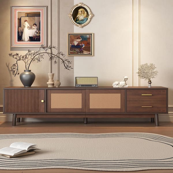 Mid Century Dark Brown TV Stand Fits TV's up to 80 in. with Sliding PE Rattan Doors, 2 Drawers, Cabinet