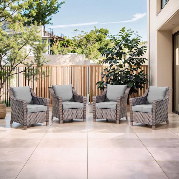 Slimline Porch 4-Piece Brown Wicker Patio Conversation Set with Gray Cushions and Outdoor Lounge Chairs