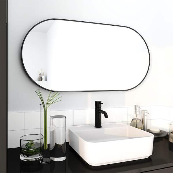 Blisstyle Black 17.7 in W x 35.4 in. H Farmhose Oval Glass Framed Mirror Wall Mirror Vanity Mirror