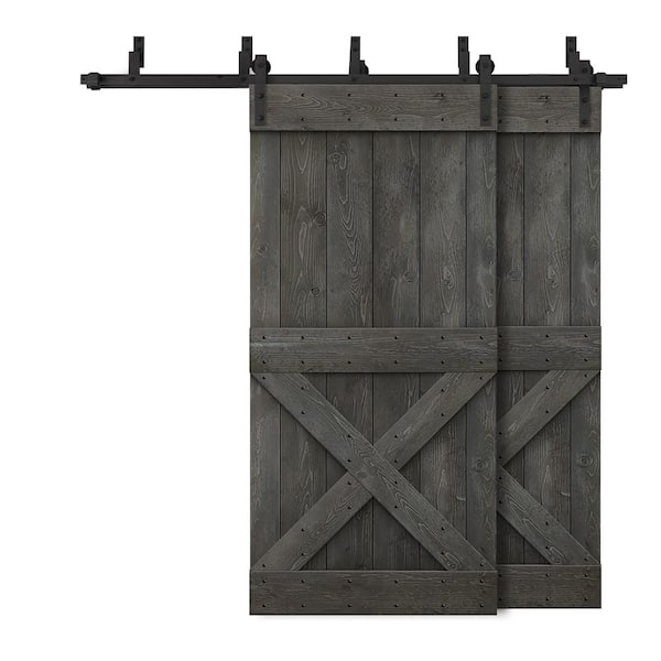 CALHOME 64 in. x 84 in. Mini X Bypass Carbon Gray Stained DIY Solid Wood Interior Double Sliding Barn Door with Hardware Kit