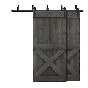 72 in. x 84 in. Mini X-Bypass Carbon Gray Stained DIY Solid Wood Interior Double Sliding Barn Door with Hardware Kit