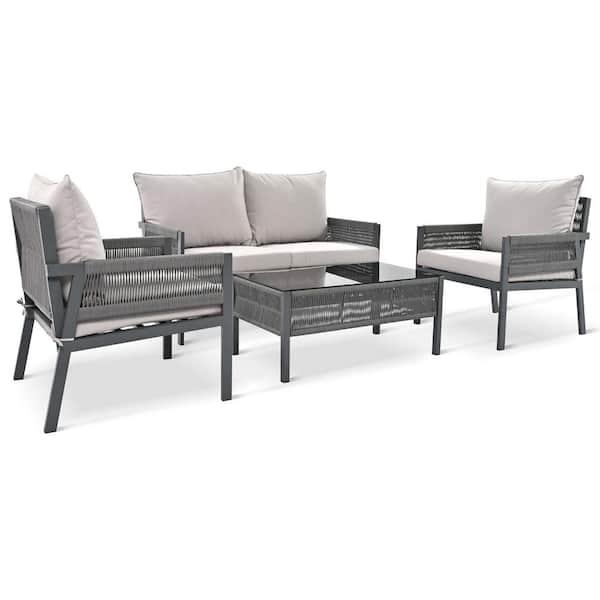 Tenleaf Gray Metal Patio Conversation Set with Light Brown Cushions, with Tempered Glass Table