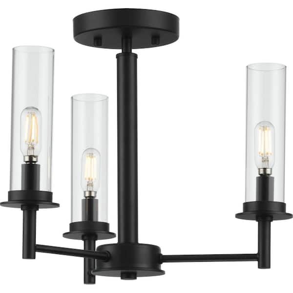 Progress Lighting Kellwyn Collection 3-Light Matte Black Clear Glass Transitional Semi-Flush Mount Convertible Ceiling Light