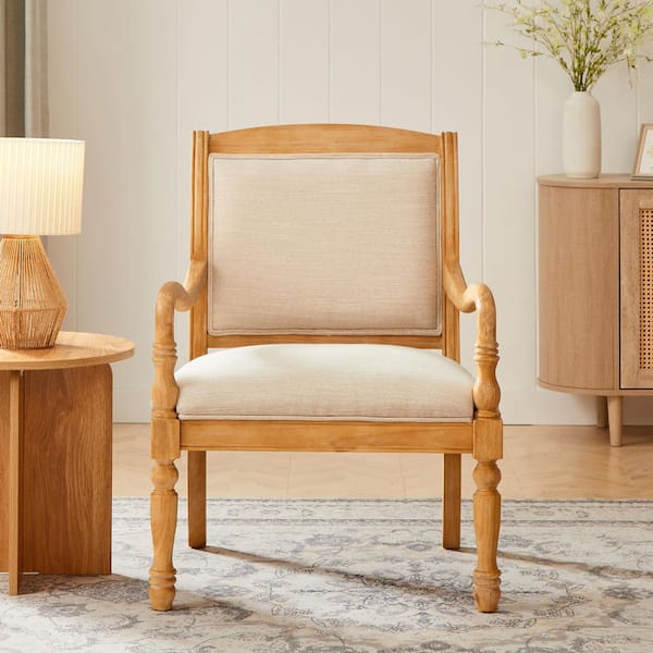 Marlowe Beige Vintage Upholstered Solid Wood Arm Chair with Curved Wood Arms