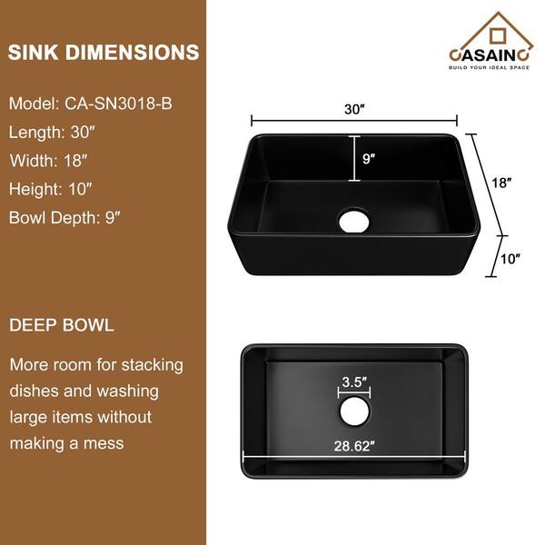 CASAINC Black Fireclay 30 in. Single Bowl Farmhouse Apron Kitchen Sink with Two-Function Pull Down Kitchen Faucet, 30 in. Matte Black Fireclay Kitchen