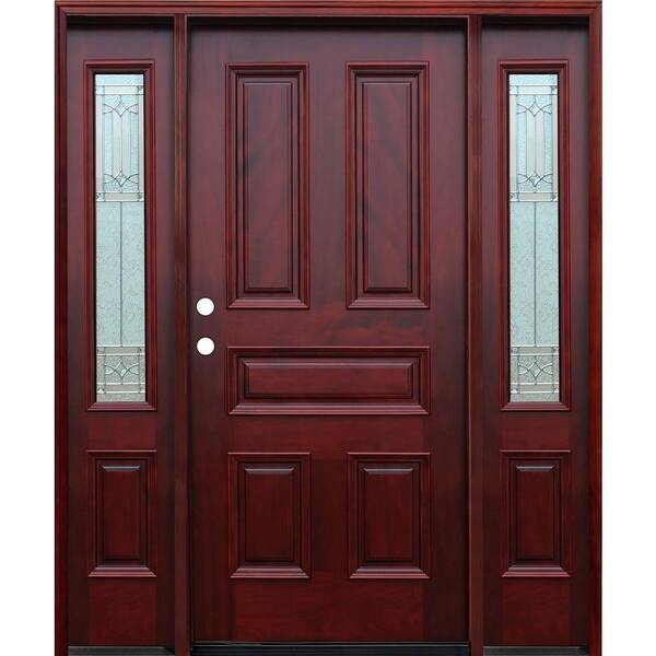 Pacific Entries 70 in. x 82 in. Classic Diablo Traditional 5-Panel Stained Mahogany Wood Prehung Front Door with 14 in. Sidelites